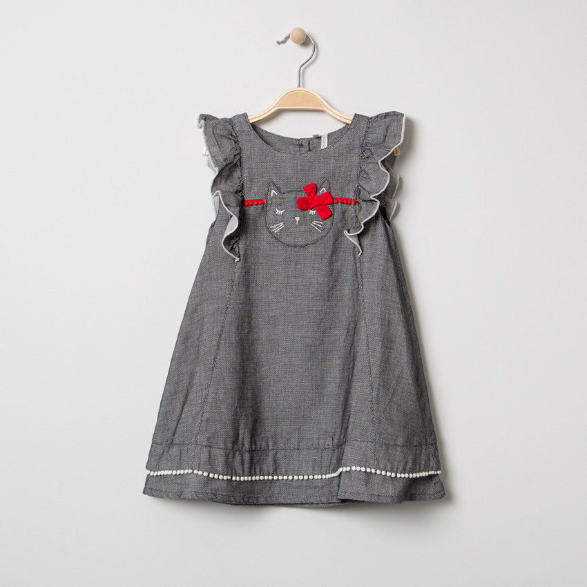 Vestido de manga corta de cambray con gato bordado  Additional Vestido de manga corta de cambray con gato bordado