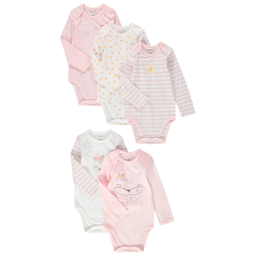 Juego de 5 bodies de manga larga de punto con estampados de fantasía y rayas 