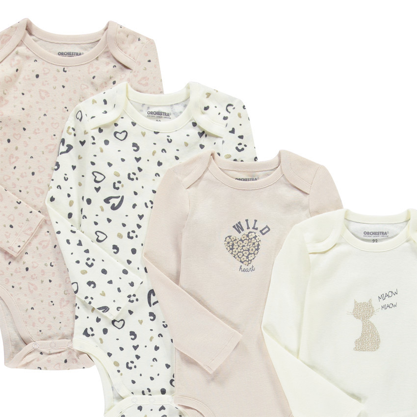 Pack de 7 bodies de manga larga con diseños variados para bebé niña, con diferentes aberturas según la edad. 