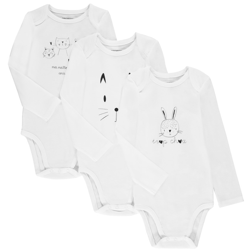 Lot de 3 bodies à manches longues en coton print animaux pour bébé fille Main Lot de 3 bodies à manches longues en coton print animaux pour bébé fille