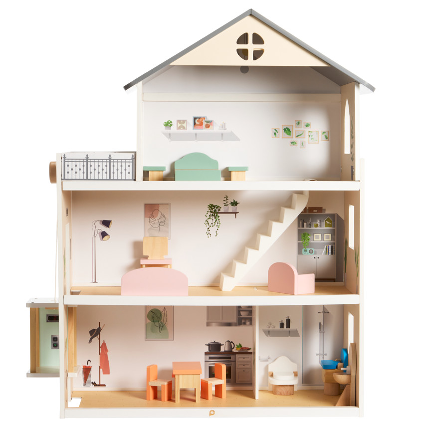 Casa de muñecas amueblada de madera 