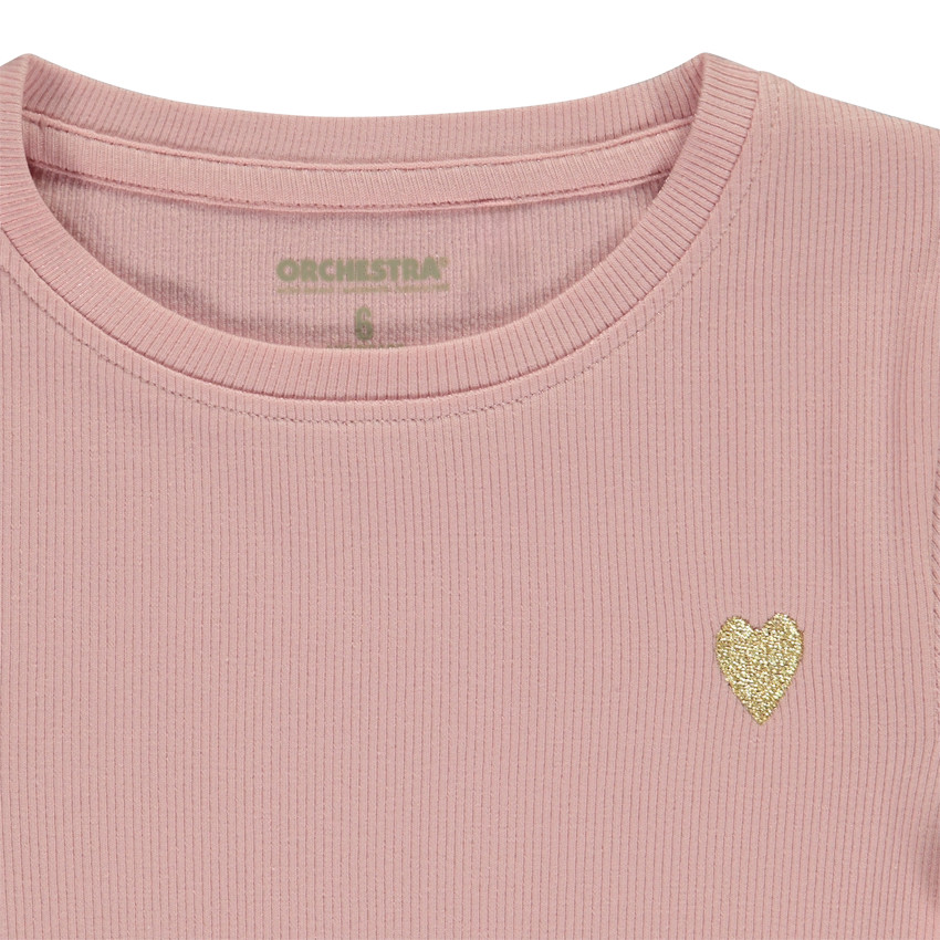 Camiseta de manga larga de punto de canalé con bordado de corazón dorado para niña 