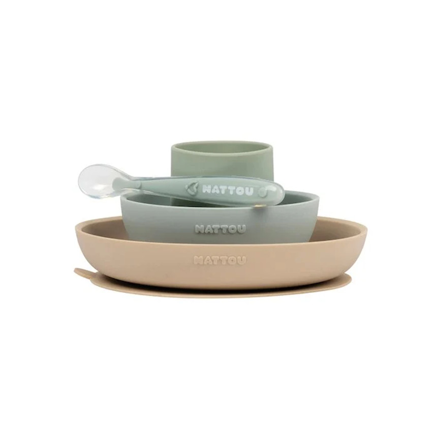 Vajilla para bebé silicona 4 piezas - Arena/Verde 