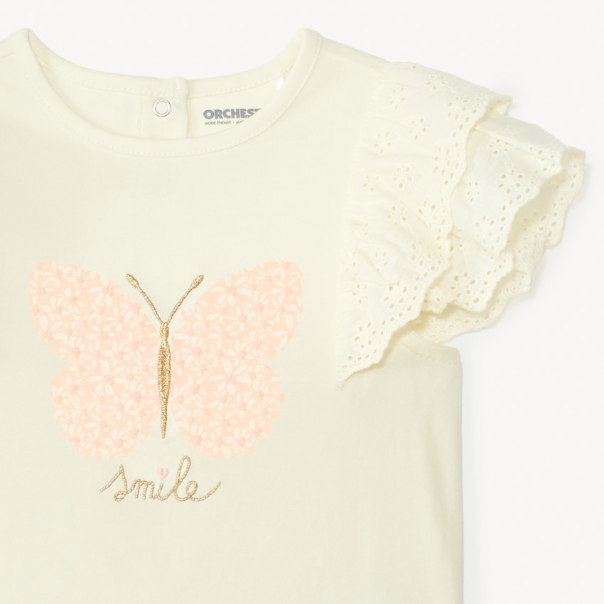 Camiseta de manga corta con bordado inglés de mariposas para niña bebé. 