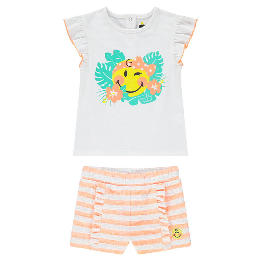 Conjunto de camiseta con estampado ©Smiley y pantalón corto de rayas 