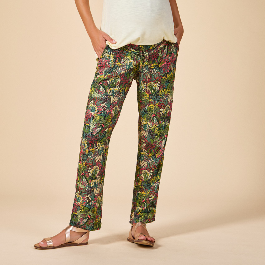 Pantalón fluido con cinturón anudado y estampado de hojas para mujer 