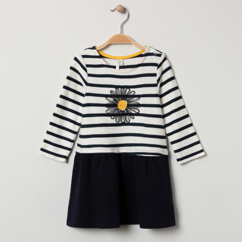 Vestido manga larga rayas y flor tul 