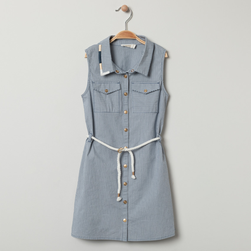 Robe chemise sans manches à rayures et poches 