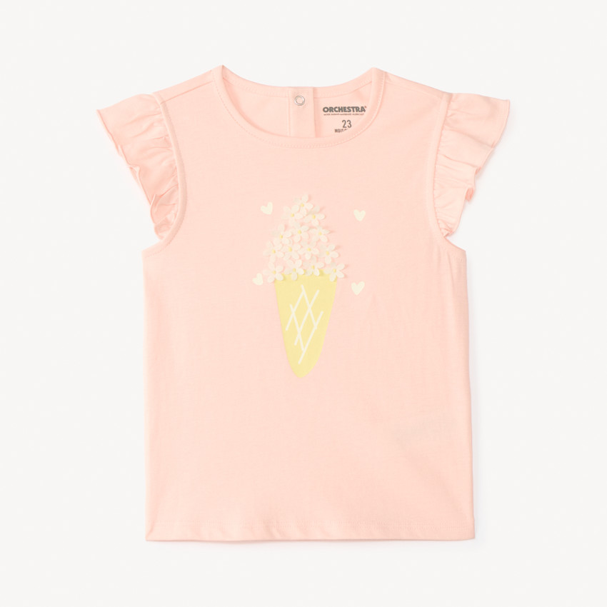 Camiseta de manga corta con volantes y estampado de helado con flores en relieve para niña bebé. 