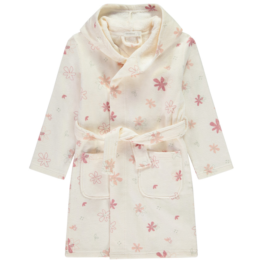 Albornoz de felpa con capucha y estampado de flores para niña 