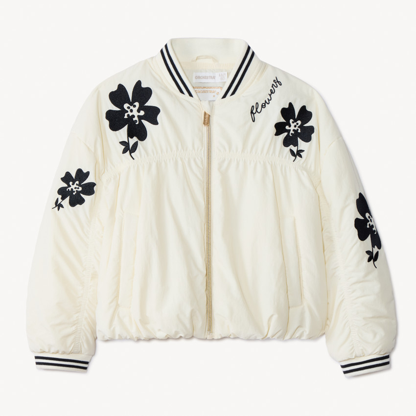 Bomber de tela con efecto arrugado y bordados florales para niña 