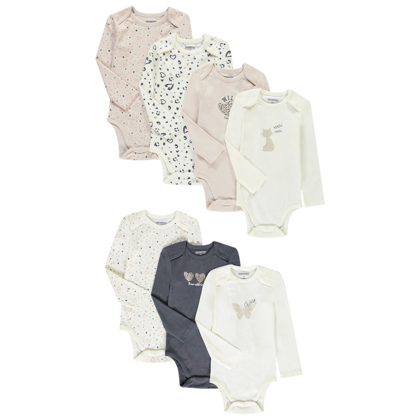 Pack de 7 bodies de manga larga con diseños variados para bebé niña, con diferentes aberturas según la edad. 